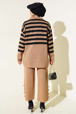 Kruvaze Yaka Salaş Triko İkili Takım Büsküvi Siyah - Triko