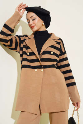 Kruvaze Yaka Salaş Triko İkili Takım Büsküvi Siyah - Triko