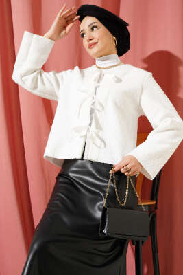 Kurdele Bağcıklı Buklet Ceket Beyaz 