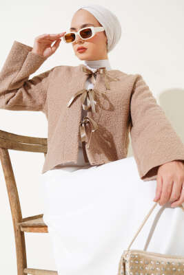 	 Kurdele Bağcıklı Buklet Ceket Vizon 