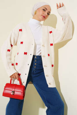 Kurdele Süslemeli Triko Hırka Bej - NOVALÜX