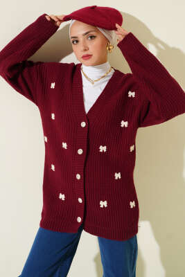 Kurdele Süslemeli Triko Hırka Bordo - NOVALÜX