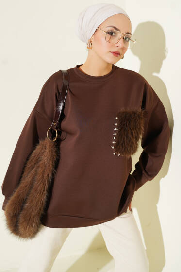 Kürk Cepli Scuba Tunik Kahve - Tunik