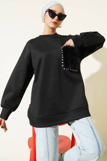 Kürk Cepli Scuba Tunik Siyah - Tunik