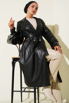 Kurvaze Yaka Kuşaklı Deri Trençkot Siyah
