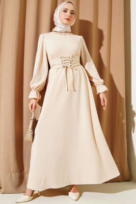 Kuş Gözü Kuşaklı Elbise Bej - Elbise