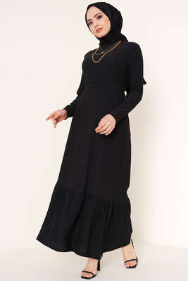 Kuşaklı Bürümcük Tesettür Elbise Siyah