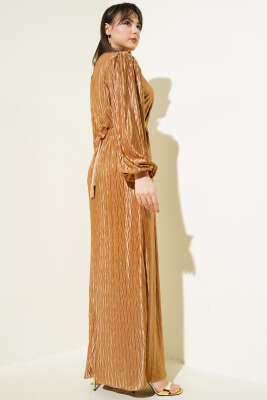 Kuşaklı Büzgü Piliseli Elbise Latte - Elbise