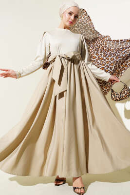 Kuşaklı Garnili Mevlana Elbise Bej 