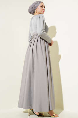 Kuşaklı Garnili Mevlana Elbise Gri - Elbise