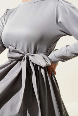 Kuşaklı Garnili Mevlana Elbise Gri - Elbise