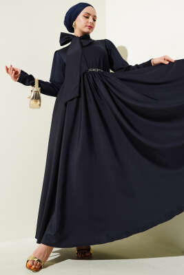 Kuşaklı Garnili Mevlana Elbise Lacivert 