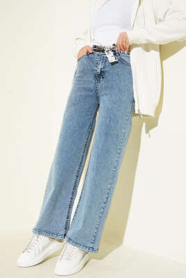 Kuşaklı Geniş Paça Kot Pantolon Açık Kar - MUSTİ