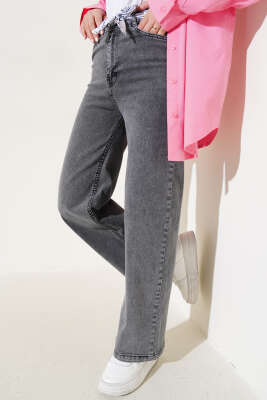 Kuşaklı Geniş Paça Kot Pantolon Füme 