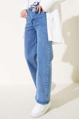 Kuşaklı Geniş Paça Kot Pantolon Kot Mavisi 