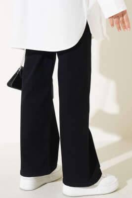 Kuşaklı Geniş Paça Kot Pantolon Siyah - Pantolon