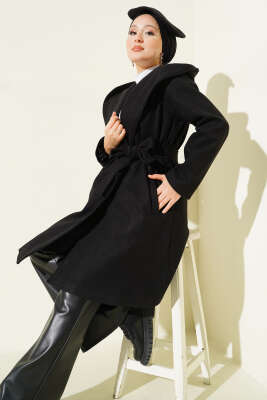 Kuşaklı Kapüşonlu Kaşe Kaban Siyah - BERAT TEKSTİL