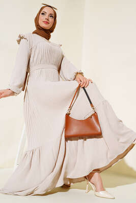 Kuşaklı Piliseli Prenses Elbise Krem 