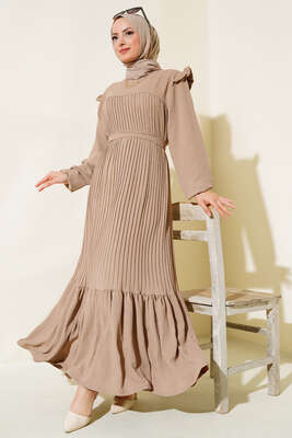 Kuşaklı Piliseli Prenses Elbise Sütlü Kahve 