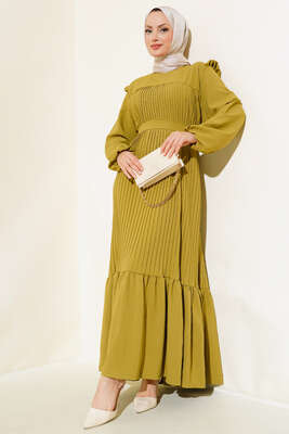 Kuşaklı Piliseli Prenses Elbise Yağ Yeşili 