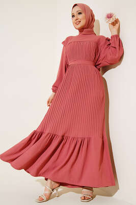 Kuşaklı Pliseli Prenses Elbise Gül Kurusu 