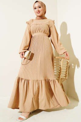 Kuşaklı Pliseli Prenses Elbise Latte 