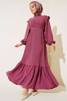 Kuşaklı Pliseli Prenses Elbise Magenta - Elbise