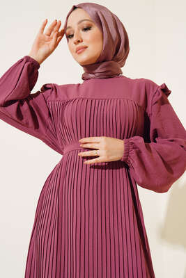 Kuşaklı Pliseli Prenses Elbise Magenta - Elbise