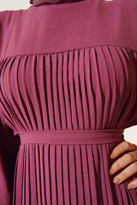 Kuşaklı Pliseli Prenses Elbise Magenta - Elbise