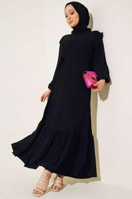 Kuşaklı Pliseli Prenses Elbise Siyah 