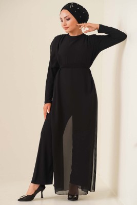 Kuşaklı Şifon Tulum Siyah