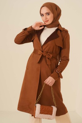 Kuşaklı Süet Trençkot Taba