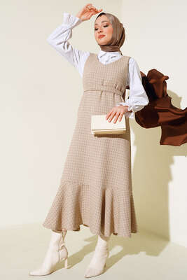 Kuşaklı Tüvit Jile Elbise Bej - DUFON