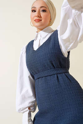 Kuşaklı Tüvit Jile Elbise Lacivert 