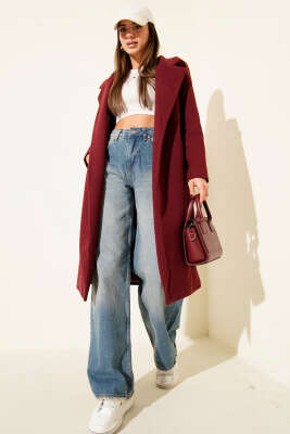 Kuşaklı Uzun Kaşe Kaban Bordo 