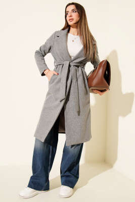 Kuşaklı Uzun Kaşe Kaban Gri 