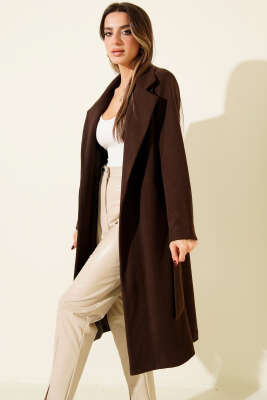 Kuşaklı Uzun Kaşe Kaban Kahve 