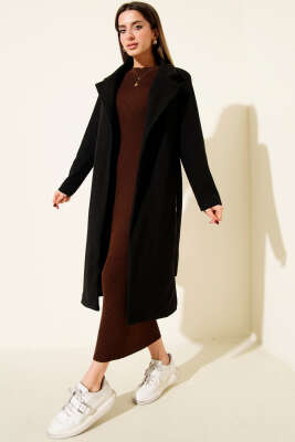 Kuşaklı Uzun Kaşe Kaban Siyah - Kaban