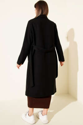 Kuşaklı Uzun Kaşe Kaban Siyah - Kaban