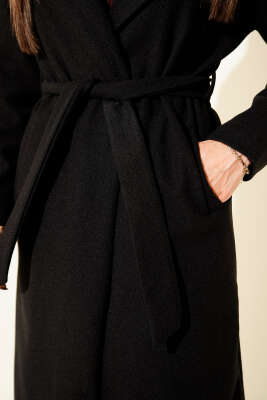 Kuşaklı Uzun Kaşe Kaban Siyah - Kaban