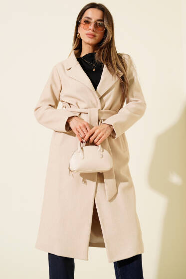 Kuşaklı Uzun Kaşe Kaban Taş - Kadın Giyim Modelleri