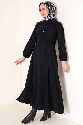 Kuşaklı Yarım Düğemli Elbise Siyah