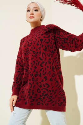 Leopar Desen Detaylı Sakallı Kazak Bordo - VANİZA TRİKO