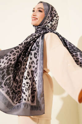 Leopar Desen İpekTwill Şal Gri