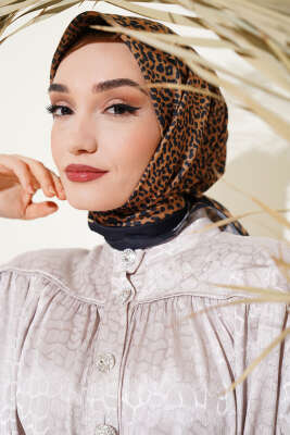 Leopar Desenli Zincirli Eşarp Siyah Hardal - Başörtüsü
