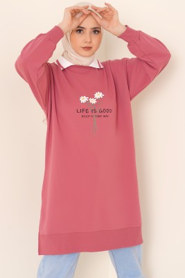 Life Is Good Baskılı Gül Kurusu Tunik