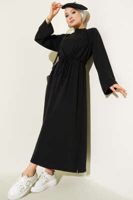 Loyşa Bel Tünel Detaylı Elbise Siyah 