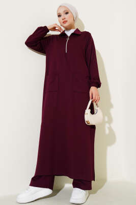 Loyşa Cepli Uzun Tunik İkili Takım Mürdüm