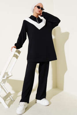 Loyşa Fermuarlı V Şeritli İkili Takım Siyah - İkili Takım