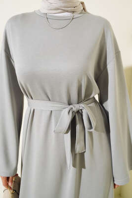 Loyşa Kuşaklı Basic Elbise Gri - Elbise